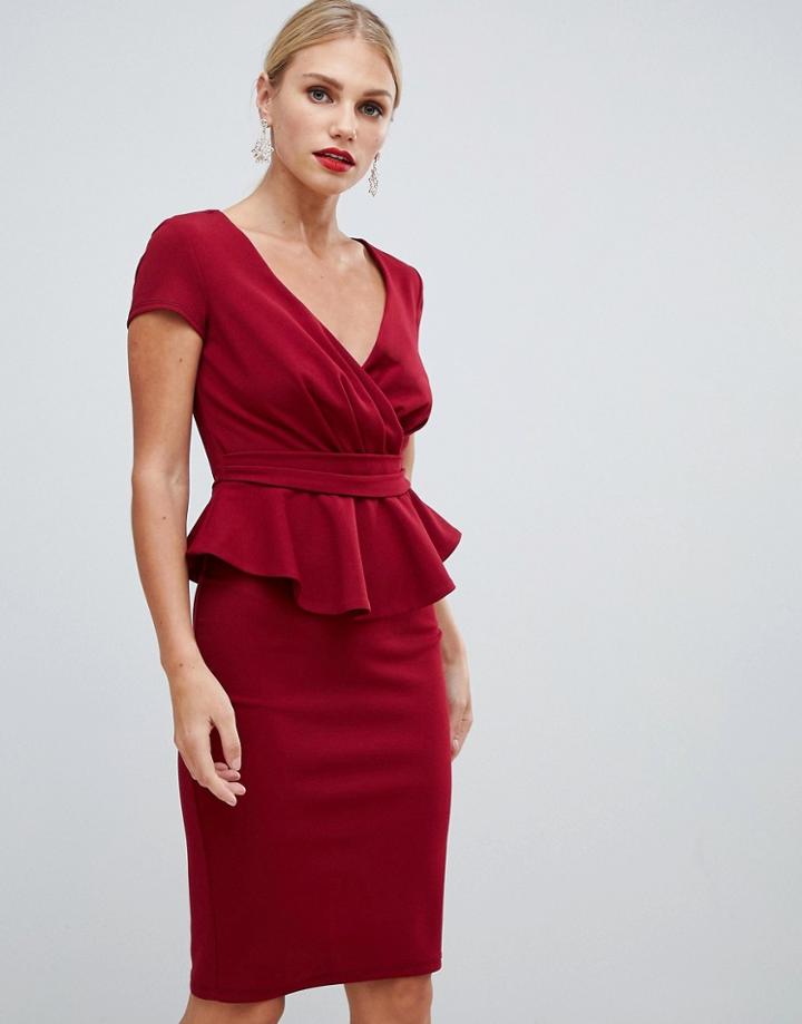 City Goddess V Neck Peplum Midi Dress - Red