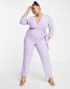 Closet London Plus Tie Waist Wrap Jumpsuit In Lilac-purple