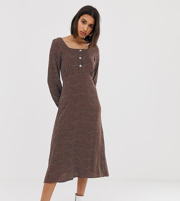 Mango Polka Dot Square Neck Midi Dress In Brown