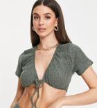 Asos Design Tall Textured Front Tie Crop Beach Top In Khaki - Part Of A Set-green