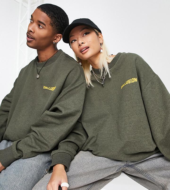 Collusion Unisex Sweatshirt With Logo Print In Green