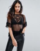 New Look Crochet Embroidered Mesh Top - Black