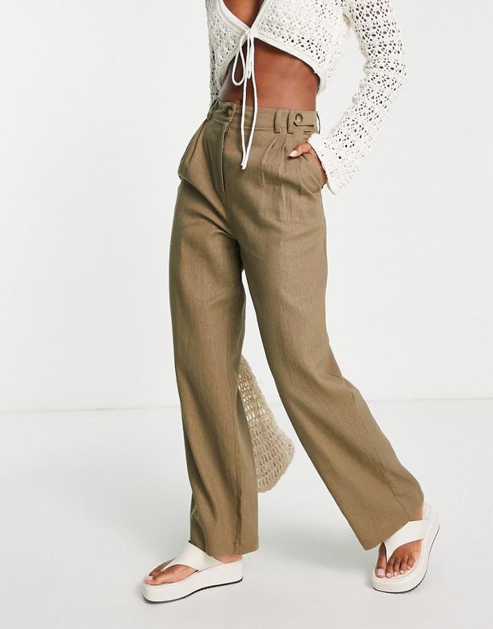 Topshop Mid Rise Linen Straight Leg Button Detail Pants In Khaki-green