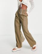 Topshop Mid Rise Linen Straight Leg Button Detail Pants In Khaki-green