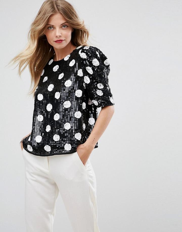 Asos Spot Sequin Tee With Puff Sleeve - Multi