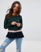 Noisy May Petite Color Block Frill Hem Sweater - Green