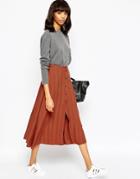 Asos Midi Skirt With Button Through In Self Stripe - Rust