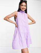 Lola May Tiered High Neck Mini Smock Dress In Lilac-purple