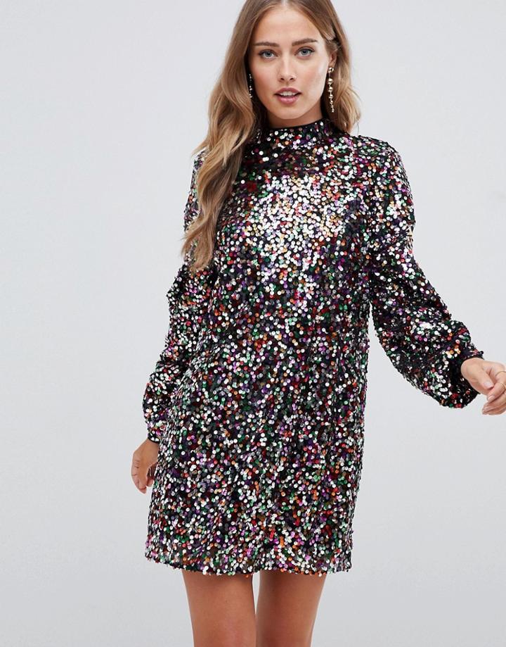 Asos Design All Over Sequin Multi Color Mini Shift Dress - Red