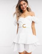 Outrageous Fortune Puff Sleeve Wrap Over Ruffle Mini Dress In White