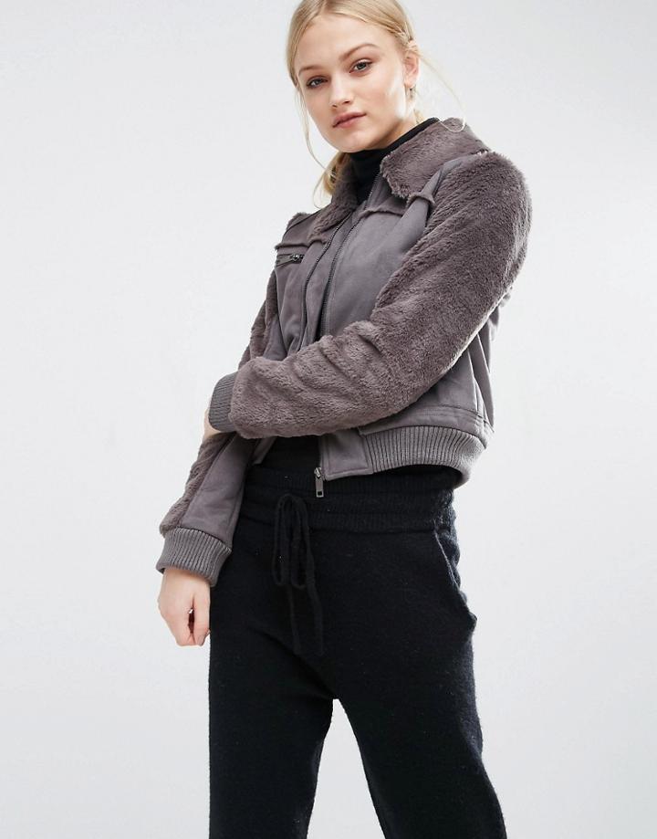 J.o.a Faux Shearling Cropped Jacket - Brown