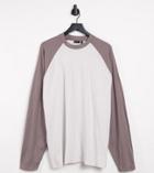 Asos Design Tall Oversized Long T-shirt With Contrast Sleeves In Beige And Brown-multi