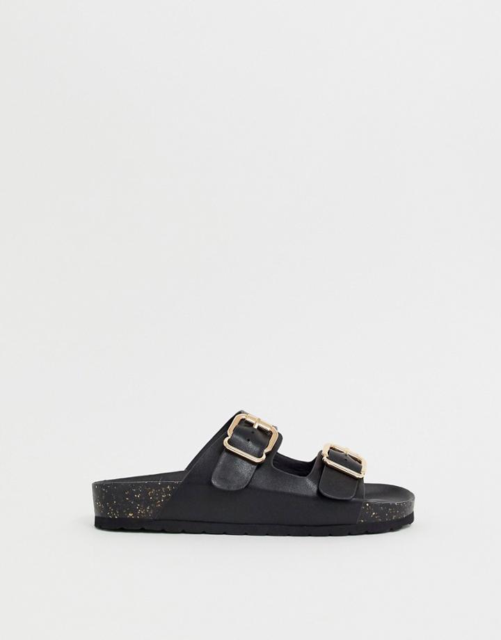 London Rebel Double Buckle Flat Sandals-black