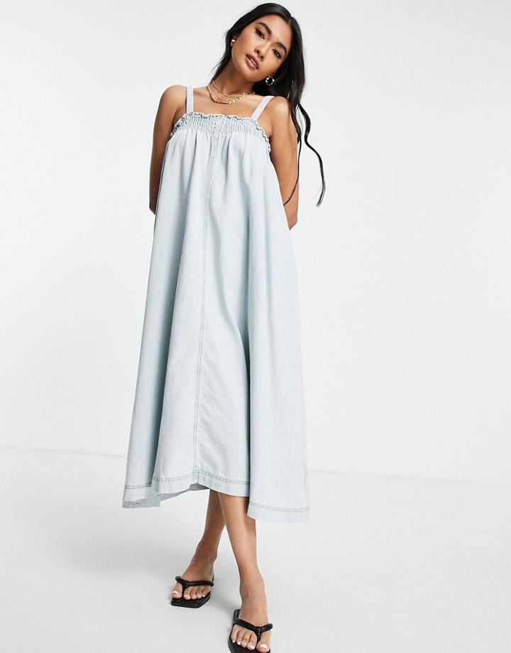 Lost Ink Relaxed Midi Cami Smock Dress With Shirring In Denim-blues