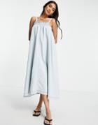 Lost Ink Relaxed Midi Cami Smock Dress With Shirring In Denim-blues