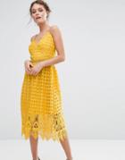 True Decadence Lace Midi Dress With Cutwork Hem - Yellow