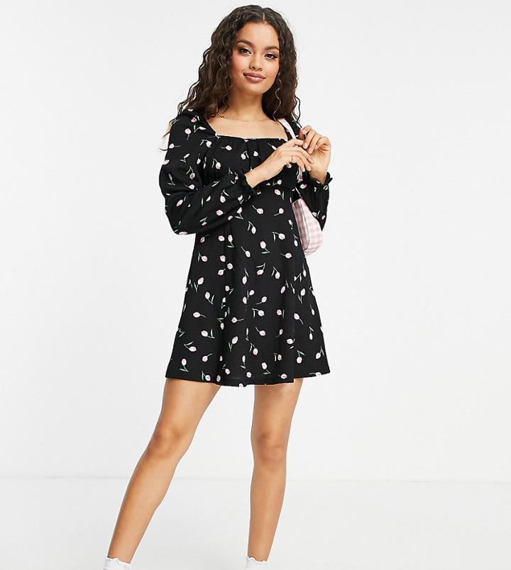Miss Selfridge Petite Ruched Square Neck Mini Dress In Tulip Print-multi