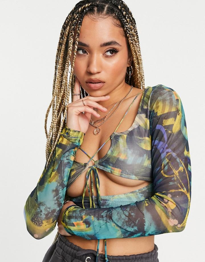 Jaded London Long Sleeve Crop Top With Tie Front In Abstract Mesh Set-multi
