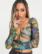 Jaded London Long Sleeve Crop Top With Tie Front In Abstract Mesh Set-multi