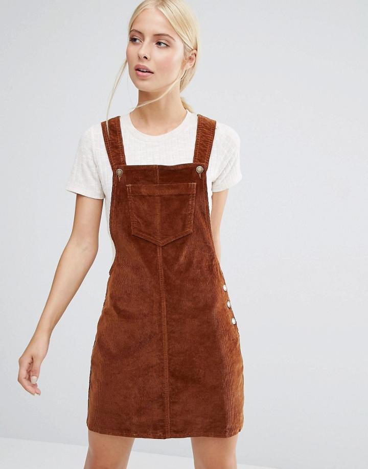Brave Soul Cord Pinafore Dress - Tan