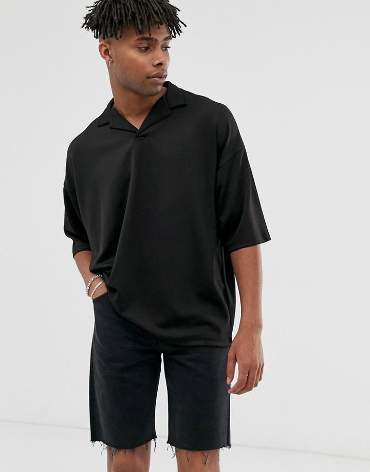 Asos Design Oversized Polo Shirt With Revere Collar In Scuba - Black