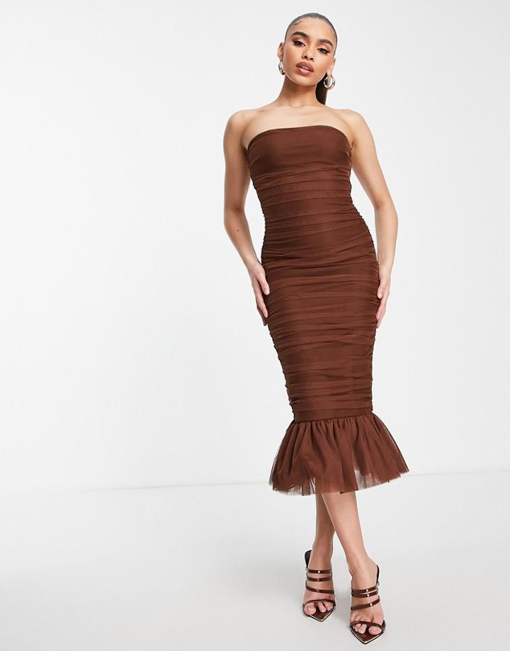 Rare London Bandeau Frill Hem Ruched Midi Dress In Chocolate Brown