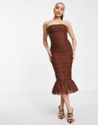 Rare London Bandeau Frill Hem Ruched Midi Dress In Chocolate Brown
