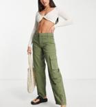 Topshop Tall Relaxed Low Slung Cargo Pants In Khaki-green