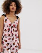 Neon Rose Cami Top With Contrast Ties In Spot Floral Two-piece - Pink