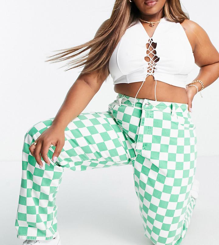 Asos Design Curve High Rise 'slouchy' Mom Jeans In Green Check-multi
