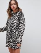 Motel Long Sleeved T-shirt Dress In Leopard - Multi