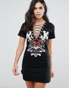 Love & Other Things Lace Up Detail Band T-shirt Dress - Black