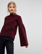 Asos Sweater In Rib With High Neck And Flared Sleeves - Red