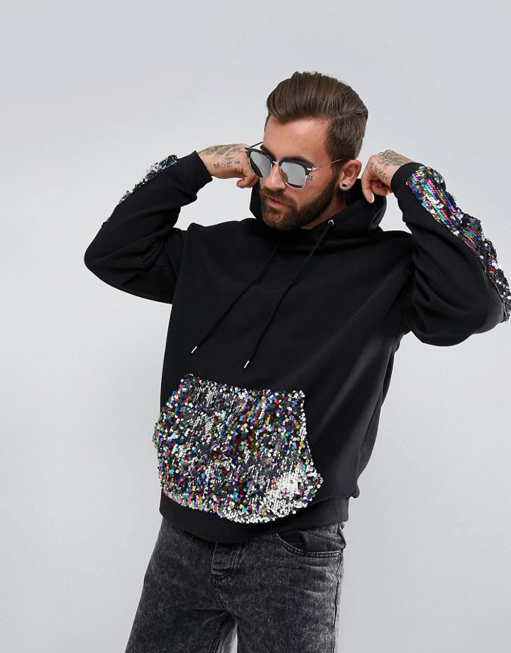 Asos Oversized Hoodie With Sequin Sleeve Stripe & Pocket - Black