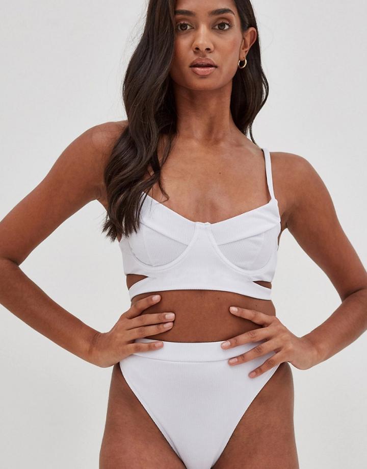 4th & Reckless Hera Button Detail Rib High Leg Bikini Bottom In White