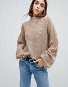 Brave Soul Bluebell Sweater With Oversize Sleeves - Beige
