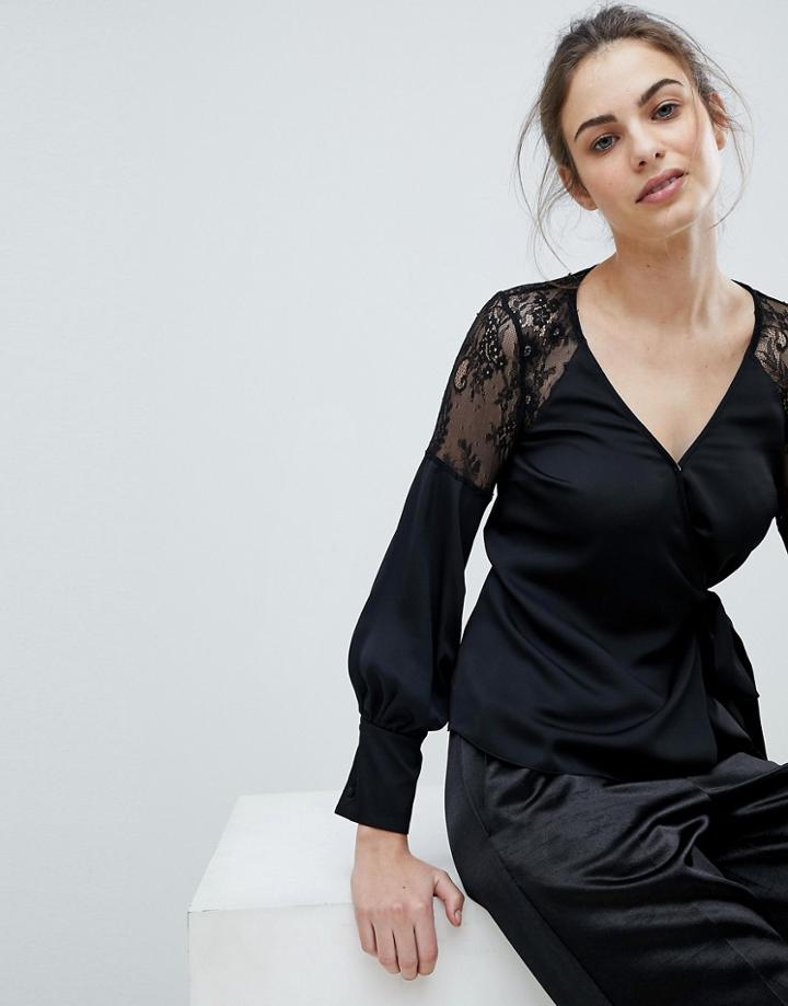 Lipsy Wrap Front Tie Blouse With Lace Trim - Black
