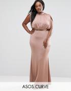Asos Curve Slinky High Neck Metallic Belt Maxi Dress - Pink
