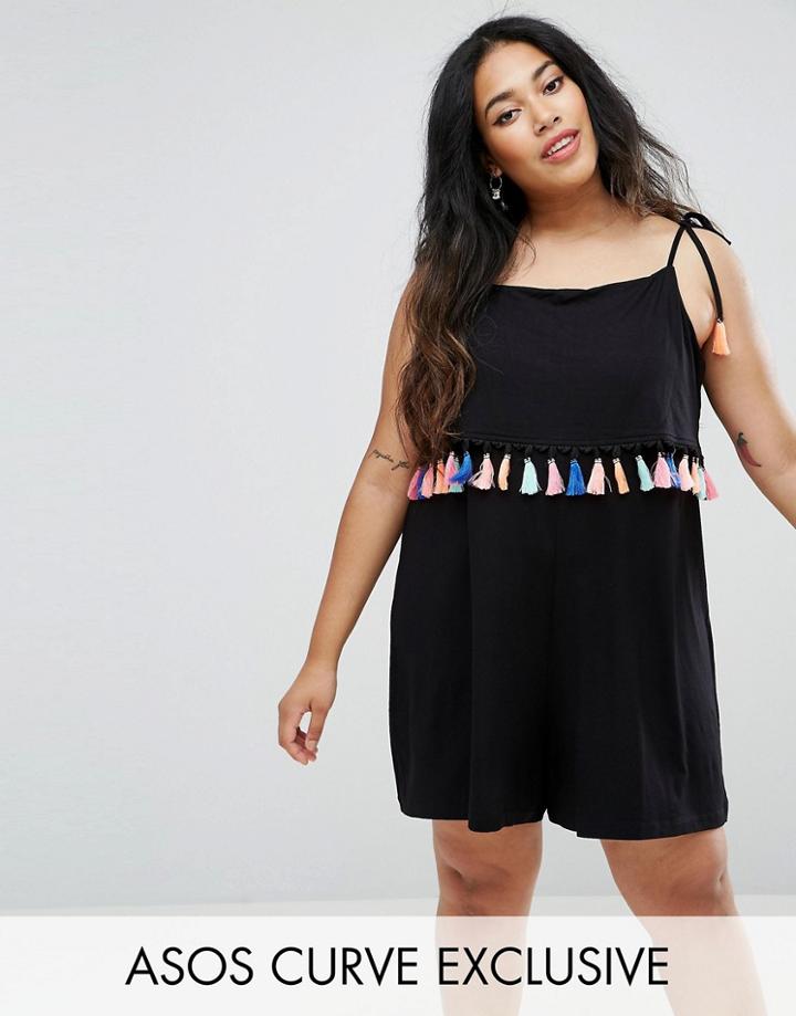 Asos Curve Romper With Tassel Trim & Tie Straps - Black