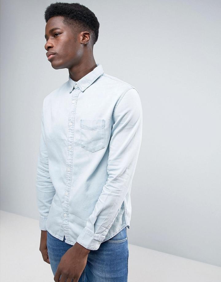 Bershka Denim Shirt In Light Wash - Blue