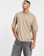 Only & Sons Oversized Knit Polo With Quarter Zip In Beige-neutral