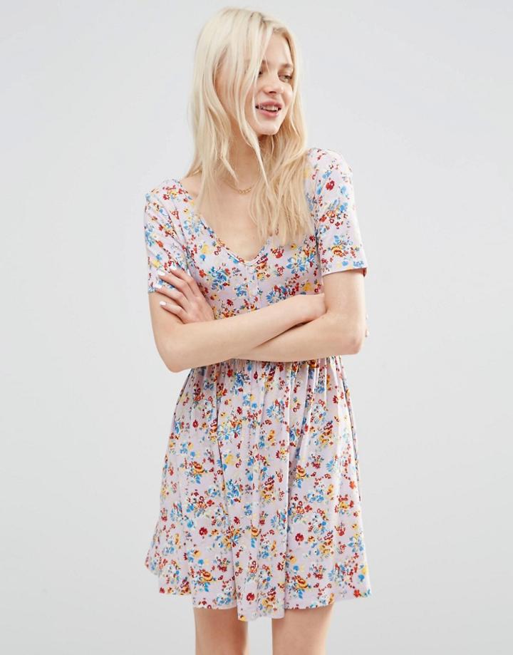 Asos Tea Dress In Pretty Floral Print - Blue