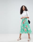 Asos Pleated Midi Skirt With Belt In Floral Print - Multi