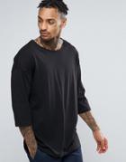 Asos Oversized 3/4 Sleeve T-shirt With Boat Neck In Black - Black