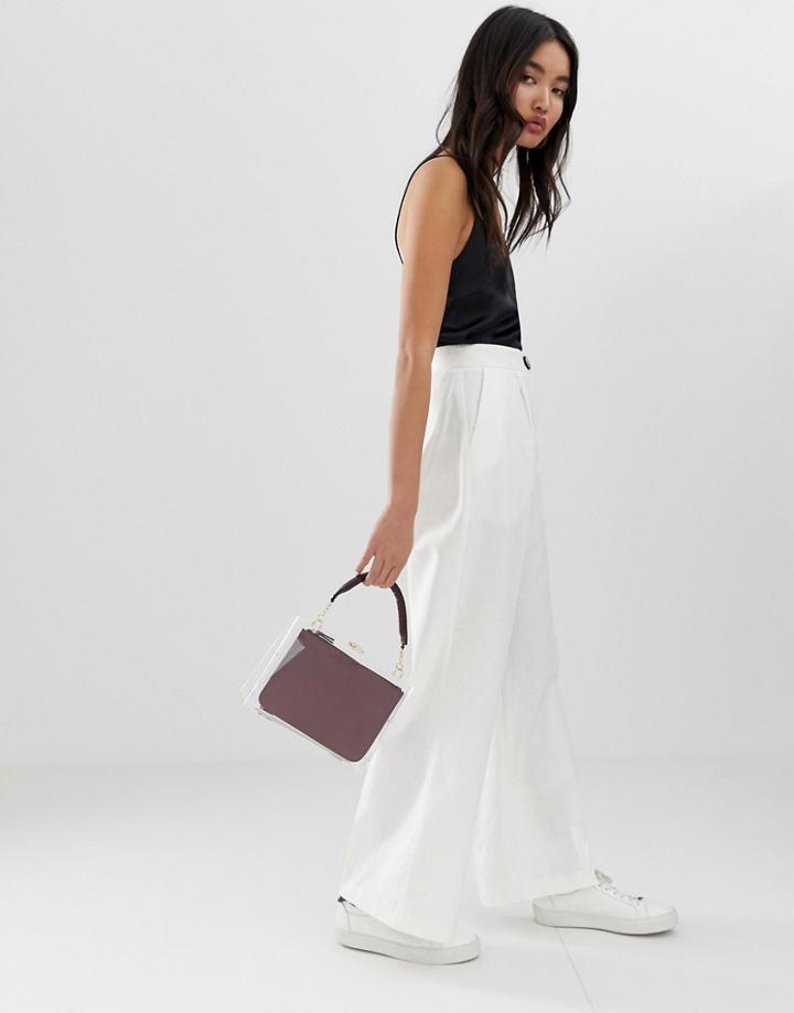Asos Design Linen Wide Leg Pants With Contrast Button - White