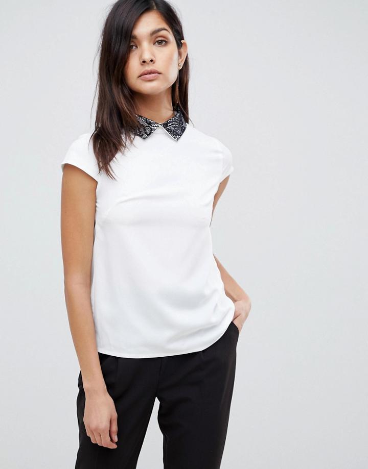 Vesper Short Sleeve Top With Contrast Collar - White
