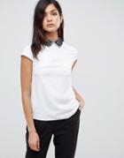 Vesper Short Sleeve Top With Contrast Collar - White