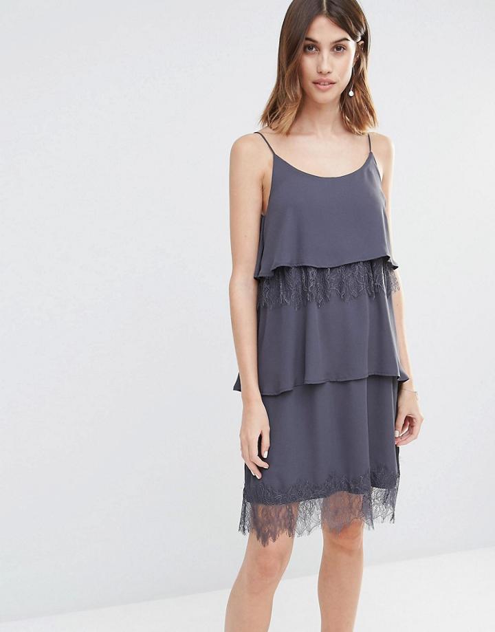 Vila Tiered Lace Cami Dress - Ebony
