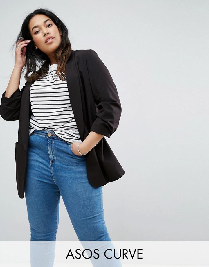 Asos Curve Mix & Match Rouched Sleeve Blazer - Black