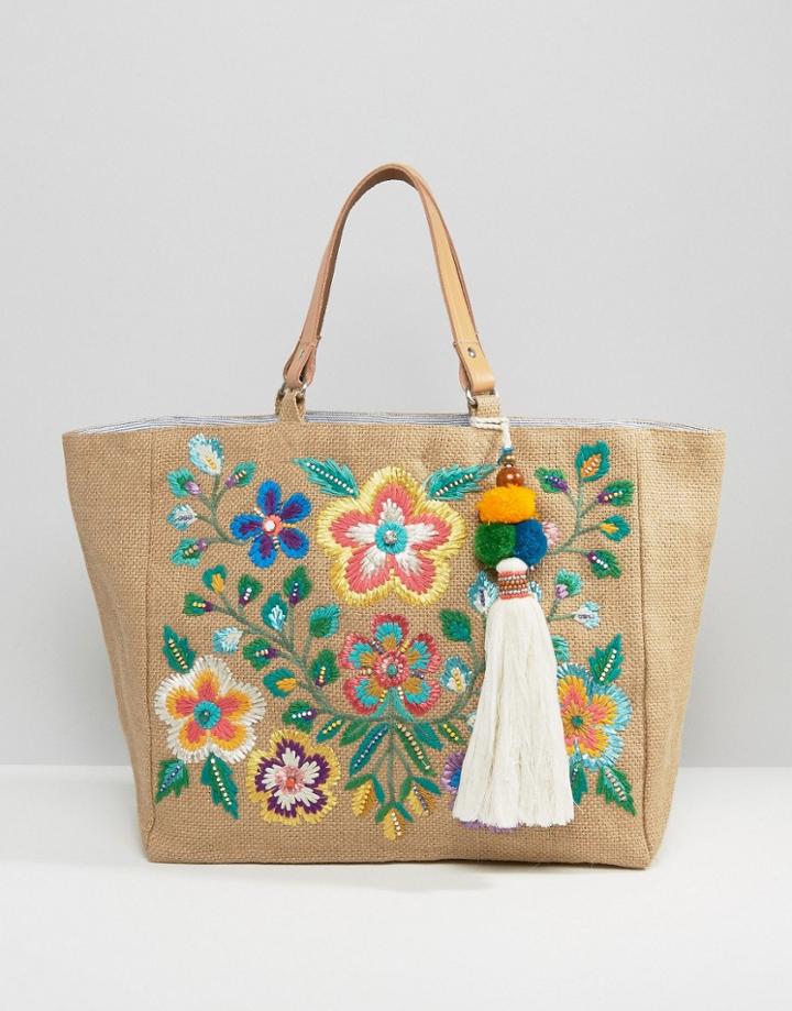 Star Mela Multi Embroidered Beach Tote Bag - Multi